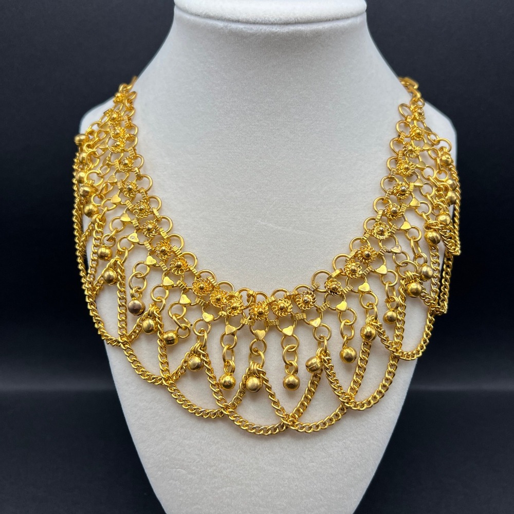 Indian Style Bib Necklace Gold Tone Draped Boho‎ Festival Wedding Ornate